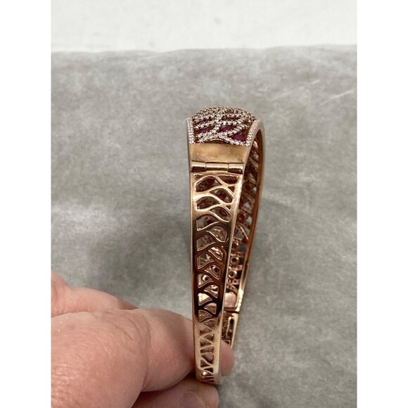 Gold-Plated 925 JCL Silver Bangle Bracelet With Red Gemstone Accents & Intricate - Picture 5 of 9